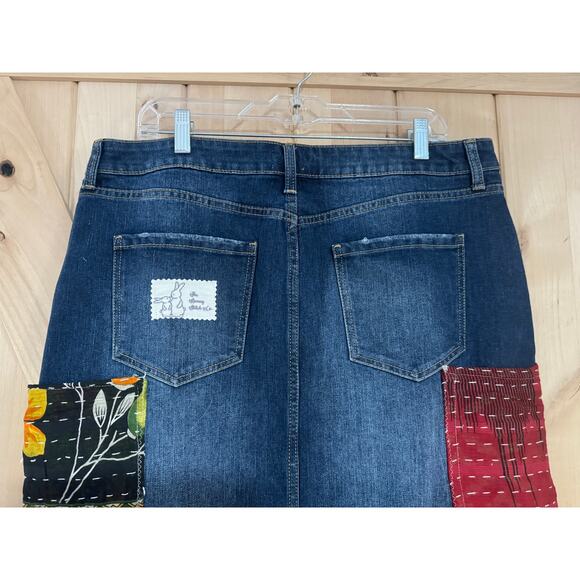 Upcycled Long Denim Skirt with Kantha Patches and Ruffle Hem | Size 16 - Picture 6 of 15